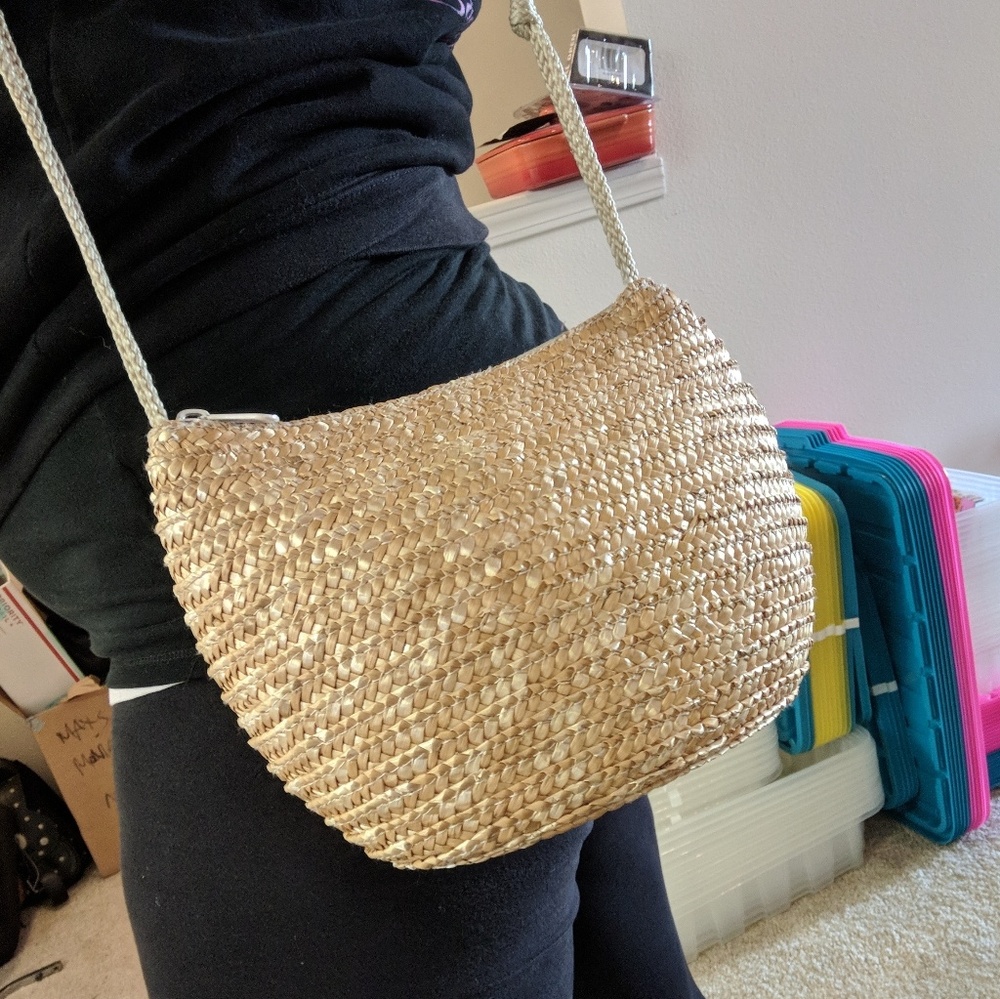 Vintage Raffia Boho Cross Body Shoulder Purse Lined Plaid